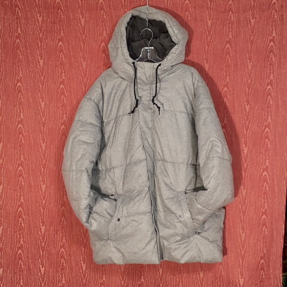OLD NAVY Puffer Coat/Jacket Herringbone Gray Zip/Snap Closure Drawstring Hood XL